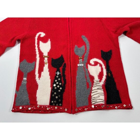Coldwater‎ Creek Red Bejeweled Cats Kitchy Zip Sweater Jacket Size L - Picture 4 of 16